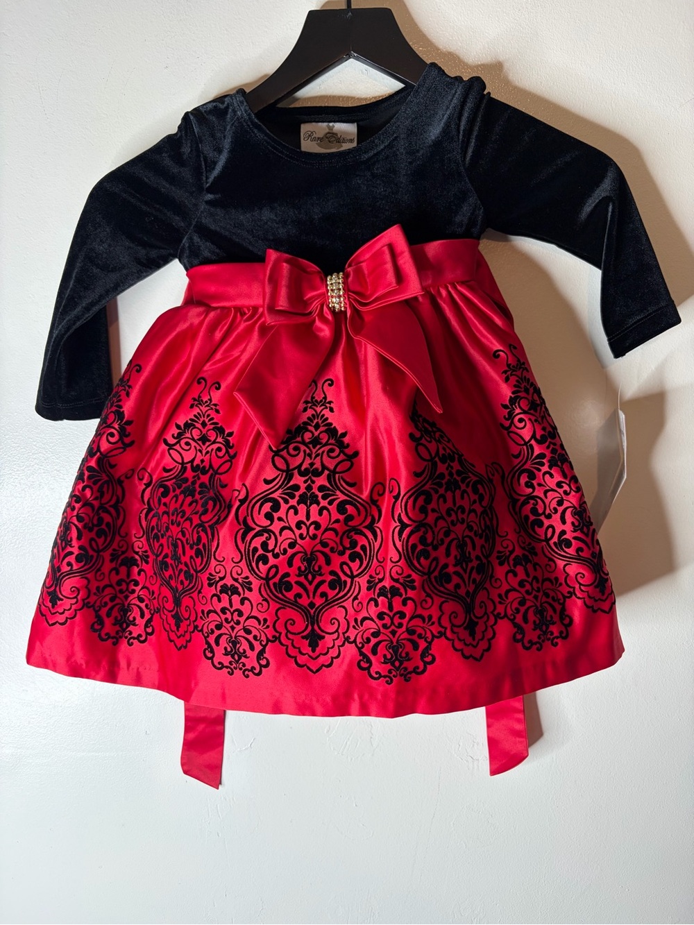 Rare Editions Red and Black Flocked Satin Dress